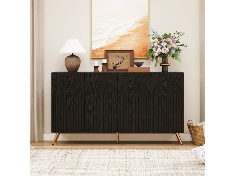  Buffet bas 4 portes 150x37x83,5 cm, rainures 3d, tablettes réglables, pieds dorés, panneaux de particules, noir  - Conforama D