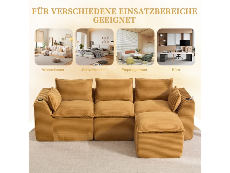  Canapé modulable, canapé 3 places, en velours tricoté, orange, poches latérales, porte-gobelets, pour salon, repose-pieds  - Conforama W