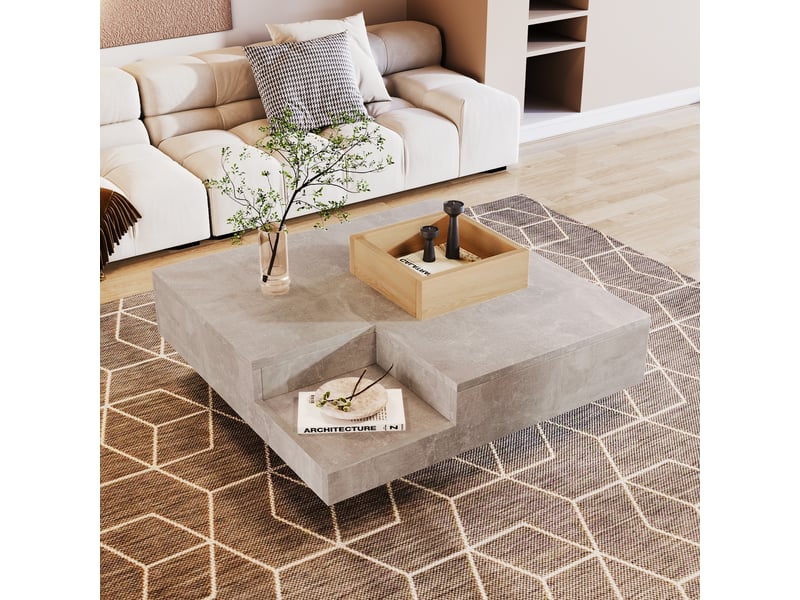  Table basse grise et bois avec boîte de rangement amovible, table de salon carrée 72x72x30 cm, aspect béton  - Conforama C