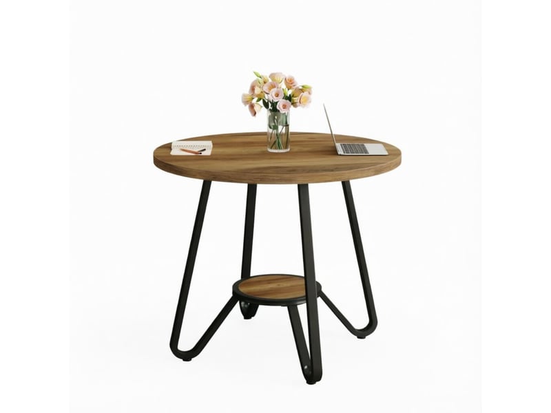 Table basse ronde 80 cm bicolore noir et marron en bois et métal, avec tablette inférieure, pour salon moderne  - Conforama A