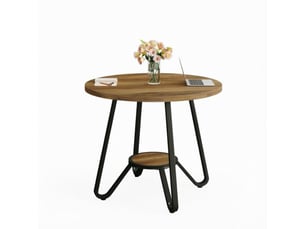 Table basse ronde 80 cm bicolore noir et marron en bois et métal, avec tablette inférieure, pour salon moderne