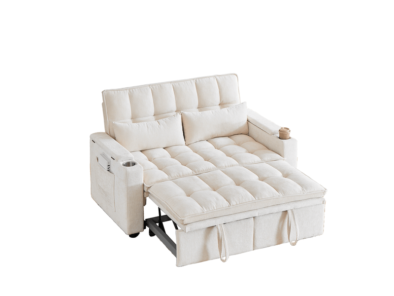  Canapé convertible 2 places 3 en 1 142x89x89 cm avec effet nuage, rangements accoudoirs, porte-gobelets, 2 coussins lombaires, chenille beige  - Conforama A