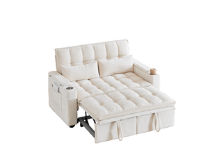 Canapé convertible 2 places 3 en 1 142x89x89 cm avec effet nuage, rangements accoudoirs, porte-gobelets, 2 coussins lombaires, chenille beige