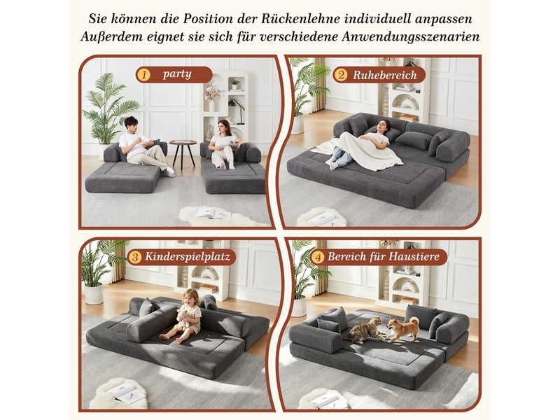 Canapé convertible 4-en-1 en tissu chenille gris, 4 configurations, sans montage, 4 coussins inclus, design modulable - Conforama D