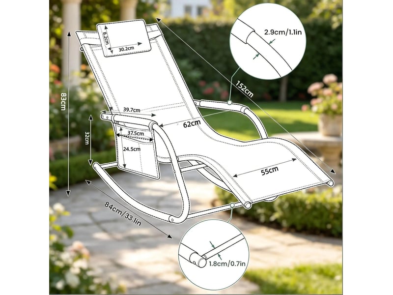 Transat à bascule extérieur 152x62x83 cm – noir – assise ergonomique, poche latérale et appuie-tête - Conforama C