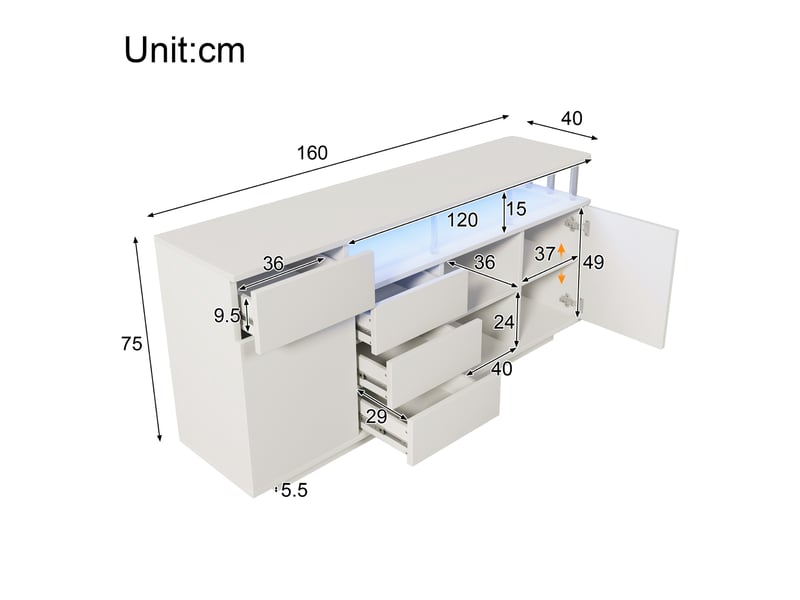 Buffet bas 160 x 40 x 75 cm avec éclairage led, 4 tiroirs, 2 portes, étagères réglables, supports en acrylique, blanc - Conforama C