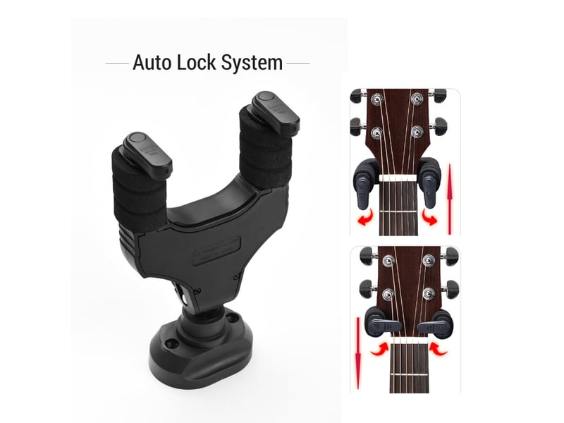 Support mural pour instruments de musique ah-89, verrouillage automatique, crochet pour guitares acoustiques, électriques, basses, ukulélé, violon, noir - Conforama E