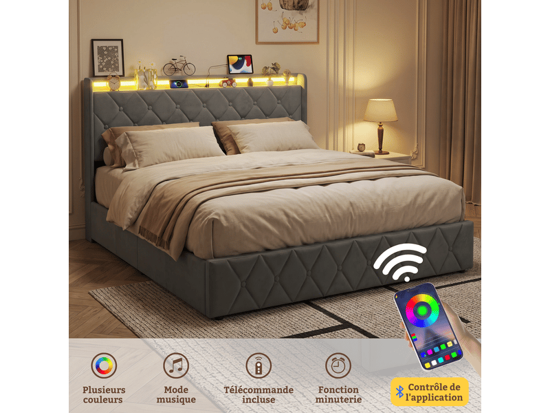 Lit coffre 160x200 cm, lit double rembourré en velours - cadre de lit avec rangement - ports usb et type-c - bandeau led multicolores, lit 2 places capitonné, velours gris - Conforama E