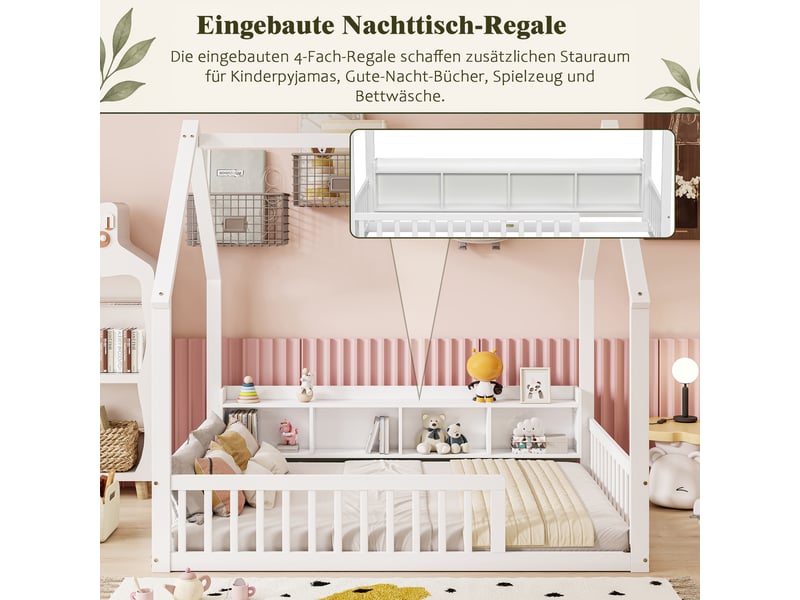  Lit cabane enfant 140 × 200 cm en bois de pin avec barrières de sécurité, étagères de rangement intégrées et cadre maison - blanc  - Conforama E