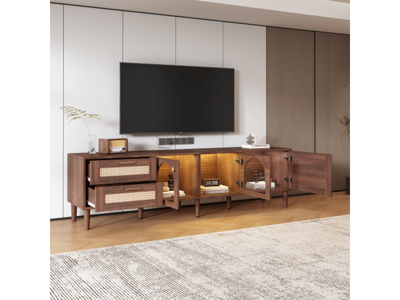  Meuble tv marron, 180 cm, pour téléviseurs de 80 pouces, support tv, 2 tiroirs en rotin, 2 portes vitrées, 1 porte en rotin, led  - Conforama C