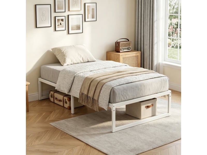  Cadre de lit 90x200 en métal blanc sans tête de lit - montage facile, espace de rangement 28 cm  - Conforama B