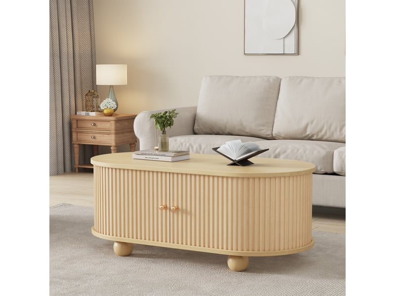  Table basse ovale effet bois, rangement avec portes coulissantes, meuble multifonction gain de place  - Conforama B