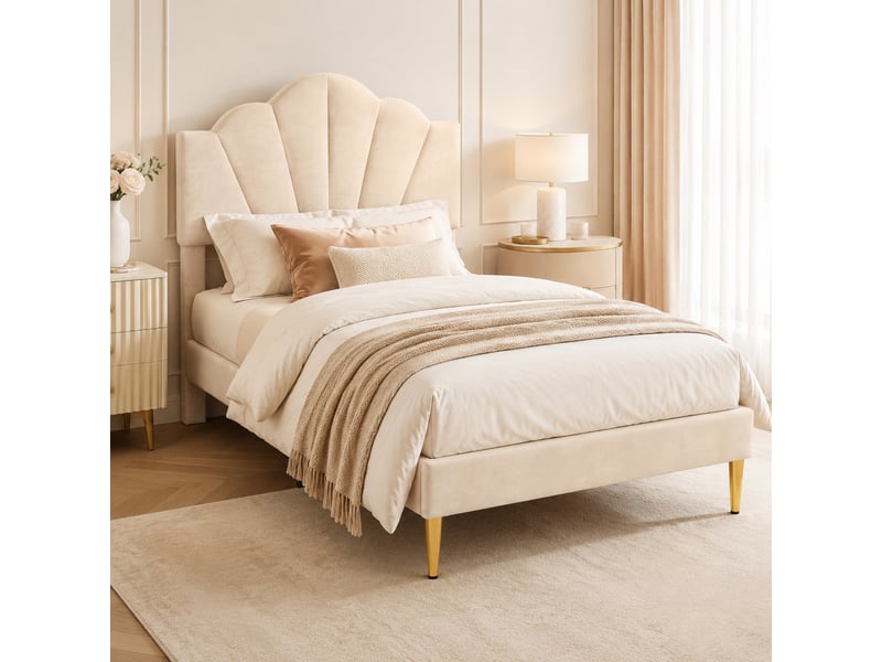  Lit simple 90x200 cm en velours beige à tête de lit réglable  - Conforama D
