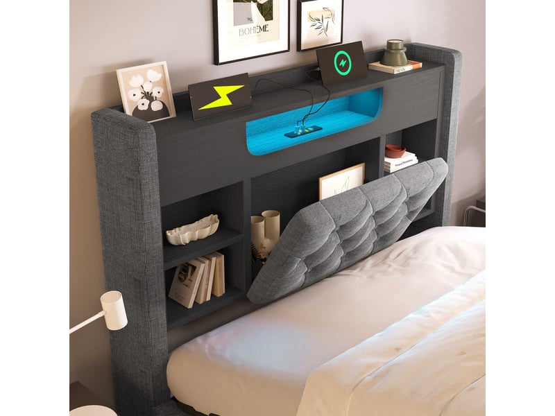 Lit coffre 90x200cm, led, usbtype-c, tête de lit avec étagère, sommier, lin gris, sans matelas C-DEGAYUN - Conforama E