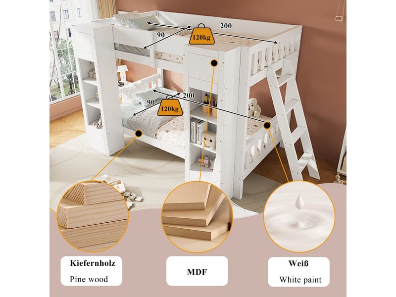  Lit superposé enfant 90x200 cm avec compartiments, lit mezzanine avec barrières de sécurité, bois de pin massif, blanc  - Conforama D