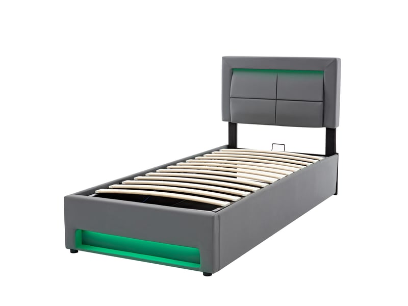  Lit rembourré 90 x 200 cm avec rangement sous le lit, éclairage led, ports usb et recharge sans fil, revêtement pu gris Fay Lum - Conforama R