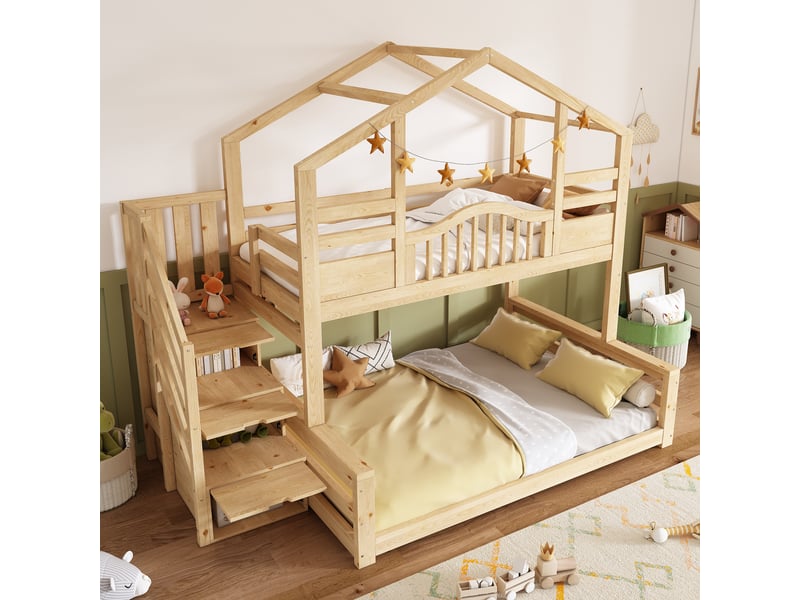 Lit superposé cabane 90 x 200 140 x 200 cm effet bois naturel avec escalier rangement, étagères, garde-corps, chambre enfant ado famille - Conforama D