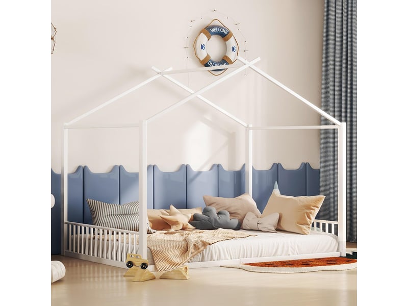  Lit cabane enfant 140 x 200 cm, lit a cadre en fer et d'un matériau mdf, lit double avec barre de maison, sans matelas, blanc  - Conforama E