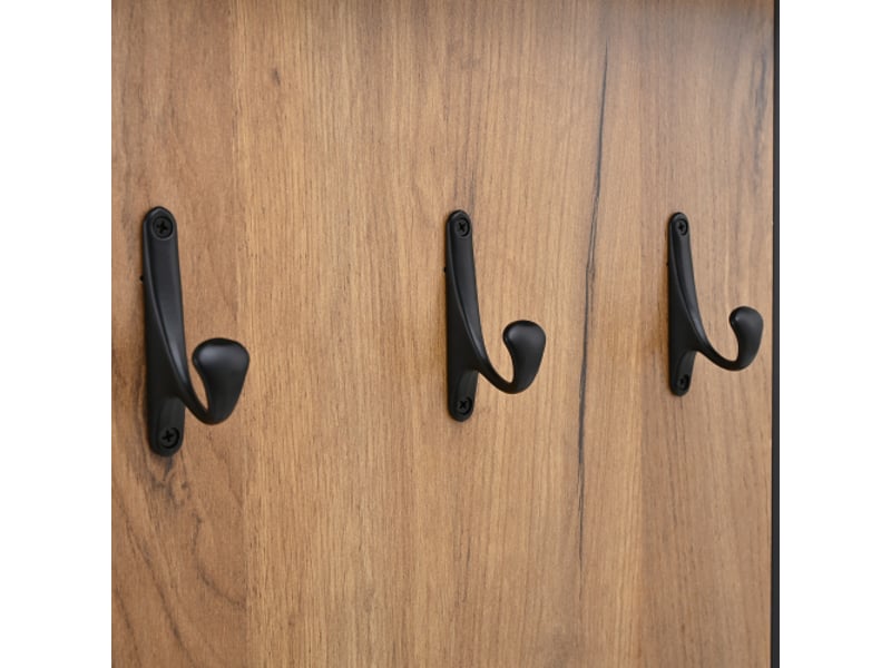  Meuble à chaussures 2 portes - armoire d'entrée noir et bois naturel, dos avec 3 crochets, 70x36x146 cm  - Conforama E