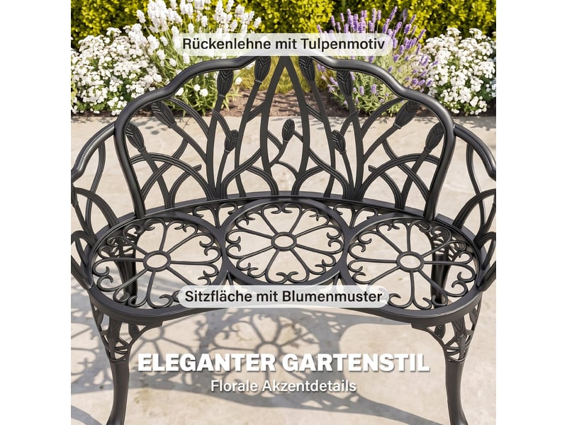  Banc de jardin 2 places, en aluminium moulé, résistant aux intempéries, avec dossier tulipe, motif floral, 99 x 57 x 78 cm  - Conforama E