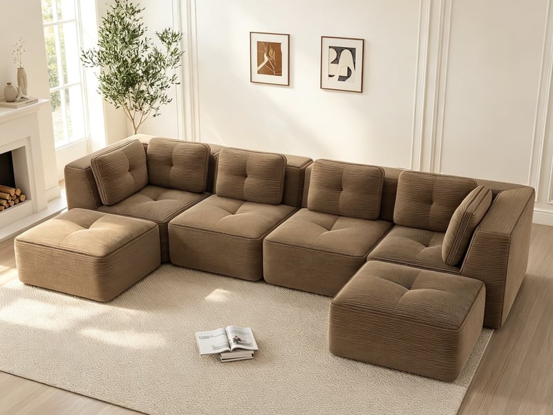  Canapé modulable en u avec ottomane, configuration modulable et fonction couchage, 69 × 386 × 104 cm, marron  - Conforama B