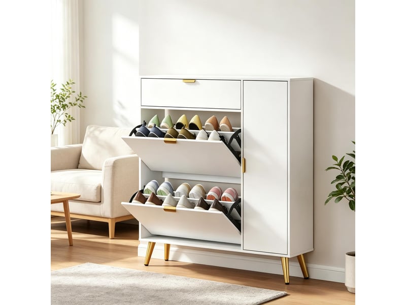  Meuble à chaussures modèle slim, 12 paires, 4 compartiments, 2 casiers amovibles, rangement entrée  - Conforama E