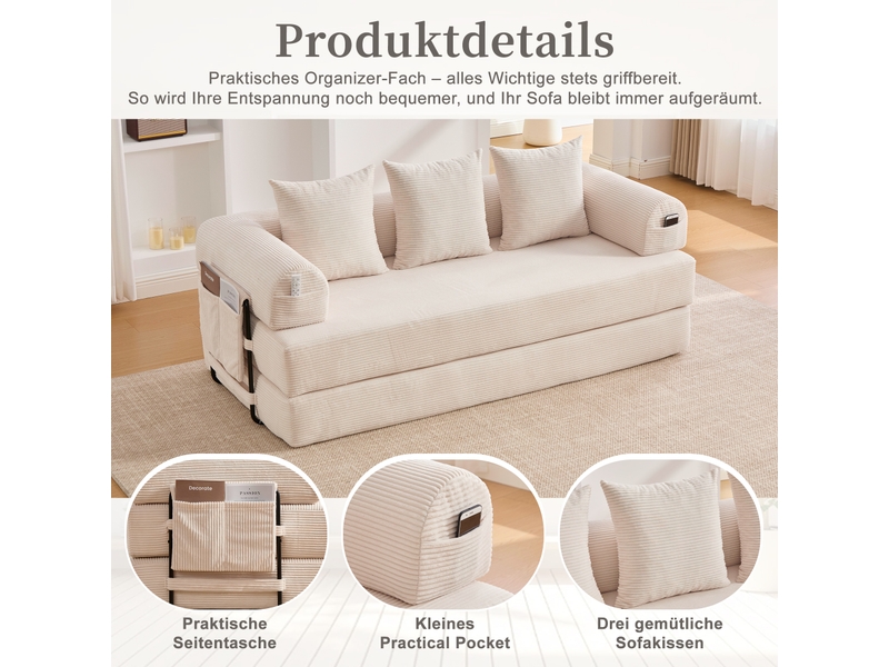  Canapé modulable 3 places – canapé convertible avec assise profonde, velours côtelé, coussins inclus, poches latérales, mousse haute résilience, structure stable – beige  - Conforama E