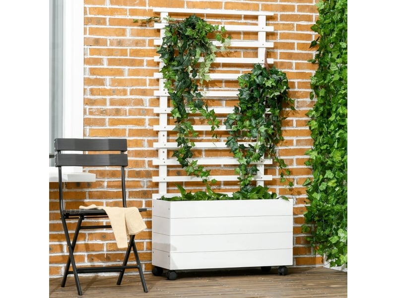 Jardinière à roulettes avec treillis 76x30x155 cm – blanche – bac de culture mobile avec freins intégrés - Conforama B