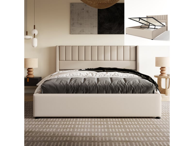 Cadre De Lit Coffre 160x200 Beige - Sommier Lattes, Tiroirs Et Tête Réglable, Charge 300kg