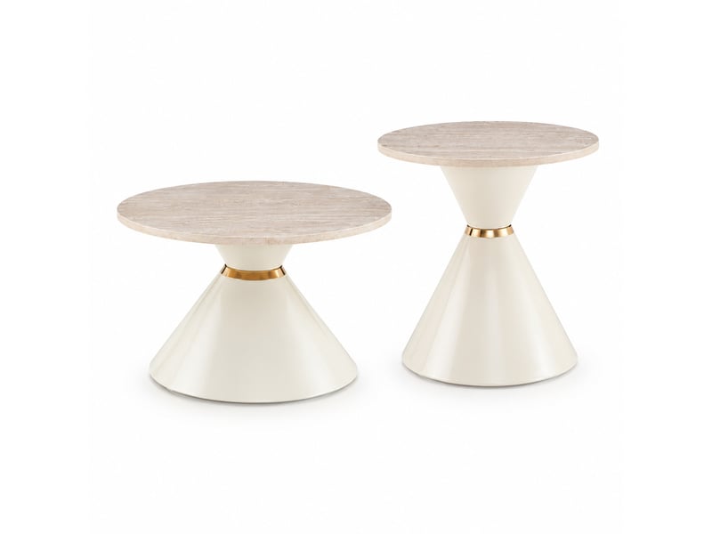  Tables basses gigognes 70x42,5+50x50,5 cm, design conique, empilables pour salon et pour bureau, métal, blanc crème  - Conforama A