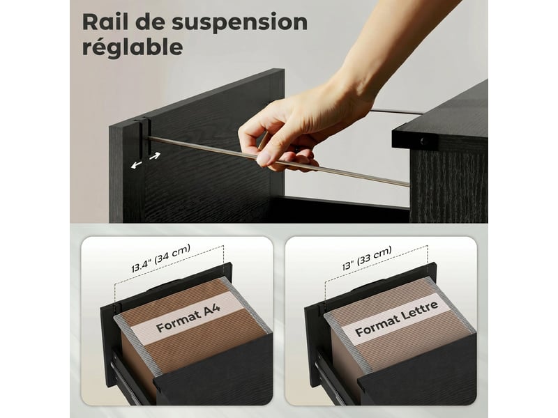  Caisson de bureau avec 4 tiroirs, dossiers suspendus pour formats lettrea4, style rustique, 40x40x131cm, noir  - Conforama R