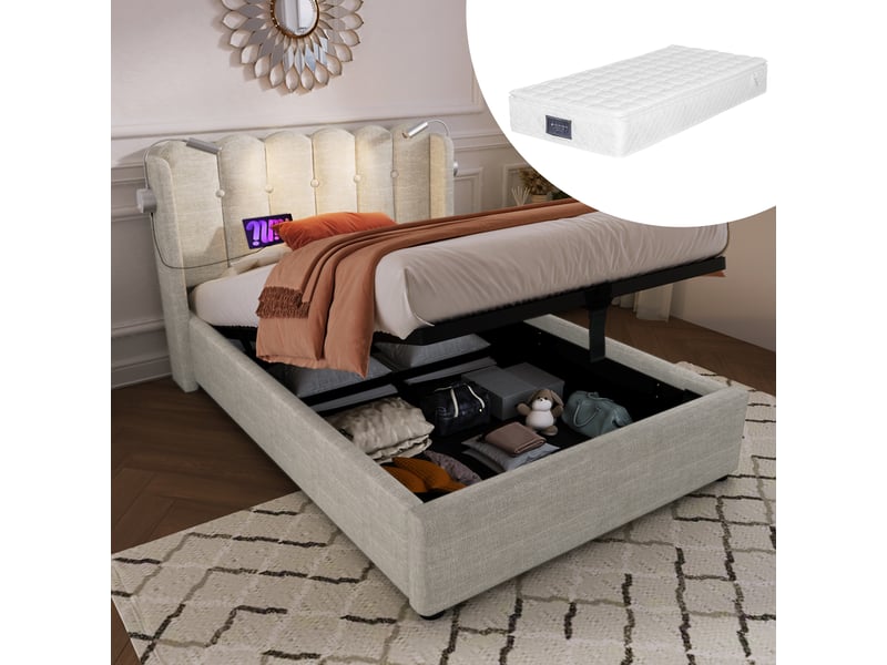  Lit 1 personne avec matelas, lit enfant avec led et tête de lit en lin, lit simple 90x200cm avec sommier à lattes, couleur naturelle  - Conforama A