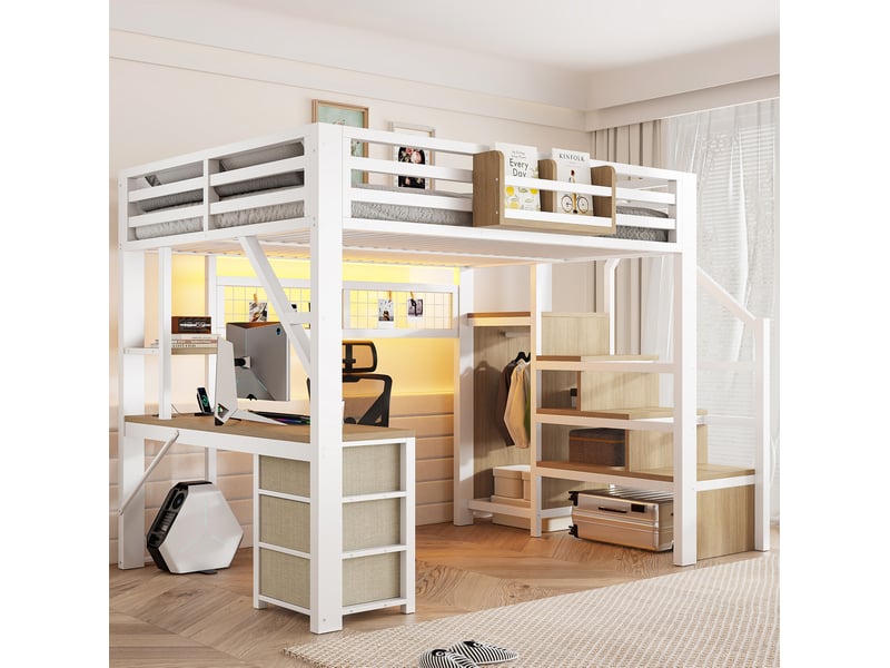  Lit mezzanine 140 × 200 cm en métal avec bureau, 3 tiroirs, étagères, penderie, escalier de rangement et led  - Conforama D