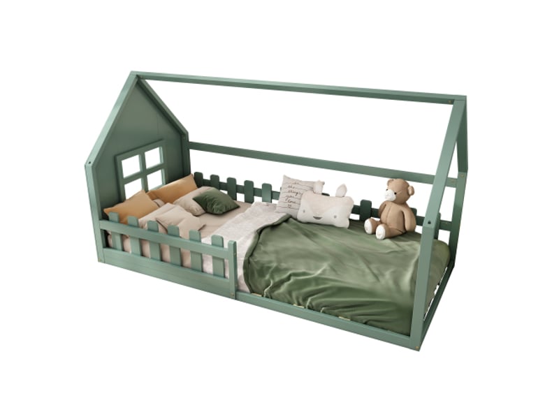  Lit cabane 90x200 cm, lit enfant avec barriéres de sécurité, cadre de lit en pin, vert, sans matelas  - Conforama A