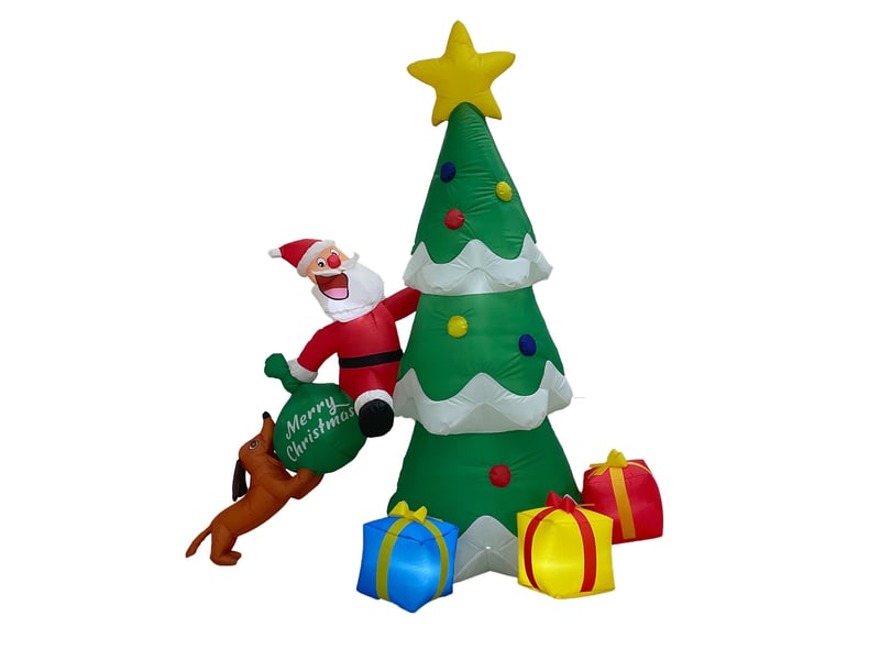  Père noël gonflable 1,8 m escaladant un sapin avec chien et sac cadeau, led, décoration de noël  - Conforama A