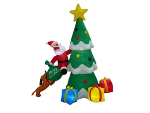 Père noël gonflable 1,8 m escaladant un sapin avec chien et sac cadeau, led, décoration de noël