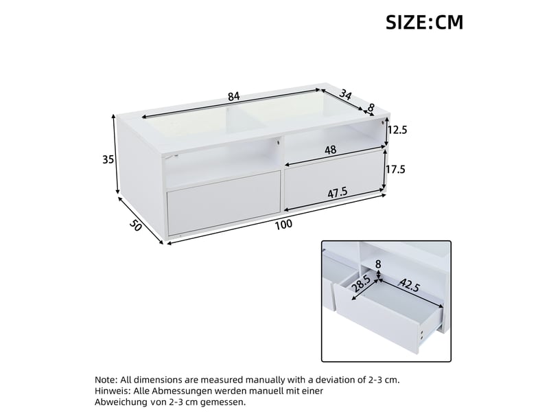  Table basse avec led pilotée par application, 2 tiroirs et 2 niches, plateau en verre, blanche, 100 × 50 × 35 cm  - Conforama E