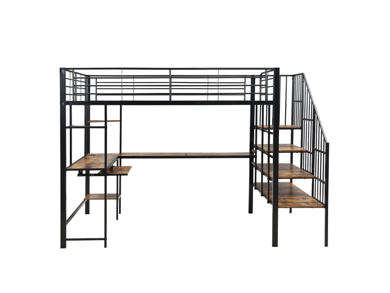  Lit mezzanine métal 120x200 bureau intégré escalier angle sécurisé prise intégrée métal mdf noir et noyer sans matelas  - Conforama A