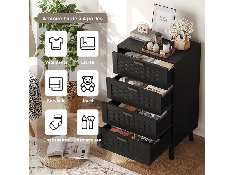 Commode noir avec 4 tiroirs, meuble de rangement en bois et rotin, commode chambre cannage scandinave 55x40x95 cm - Conforama D