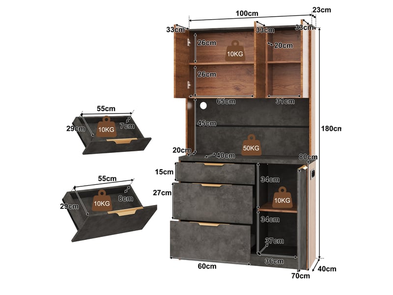  Buffet de cuisine 100x40x180 cm avec 3 tiroirs et 4 portes, éclairage led et prises en mdf couleur naturel et gris  - Conforama C