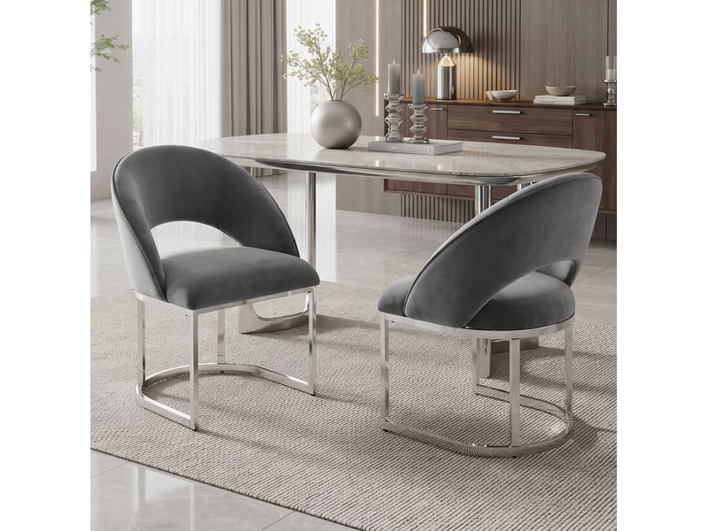  Lot de 4 chaises de salle à manger avec dossier arrondi et pieds métalliques en velours gris et argenté  - Conforama D