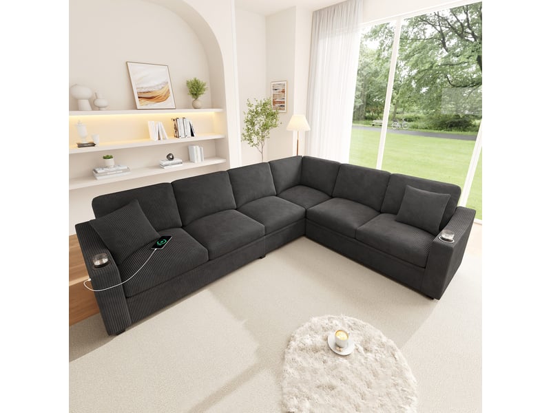  Canapé d'angle modulable 6 places en l, usbtype-c, 2 porte-gobelets, 2 coussins, tissu côtelé gris  - Conforama B