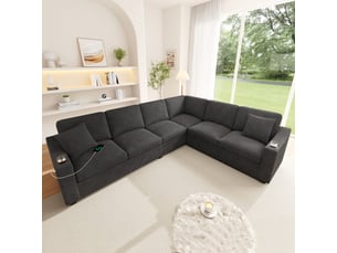 Canapé d'angle modulable 6 places en l, usbtype-c, 2 porte-gobelets, 2 coussins, tissu côtelé gris