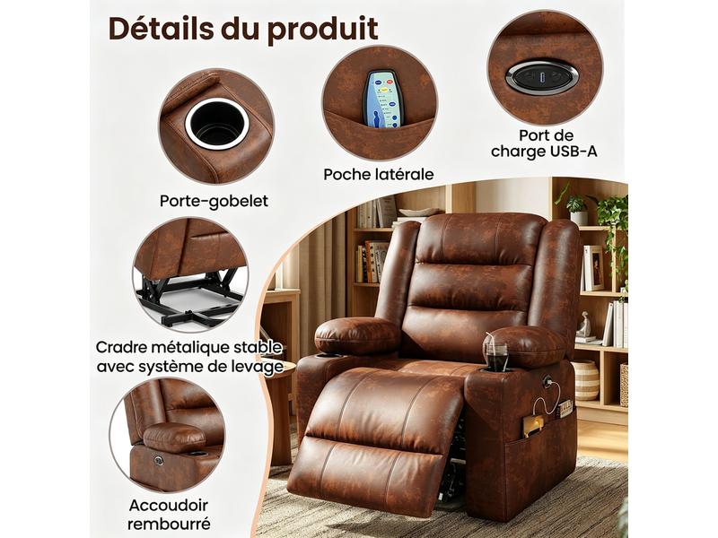  Fauteuil de massage électrique à 2 moteurs avec aide au lever pour personnes âgées, fauteuil tv inclinable, massage et chaleur, marron  - Conforama E