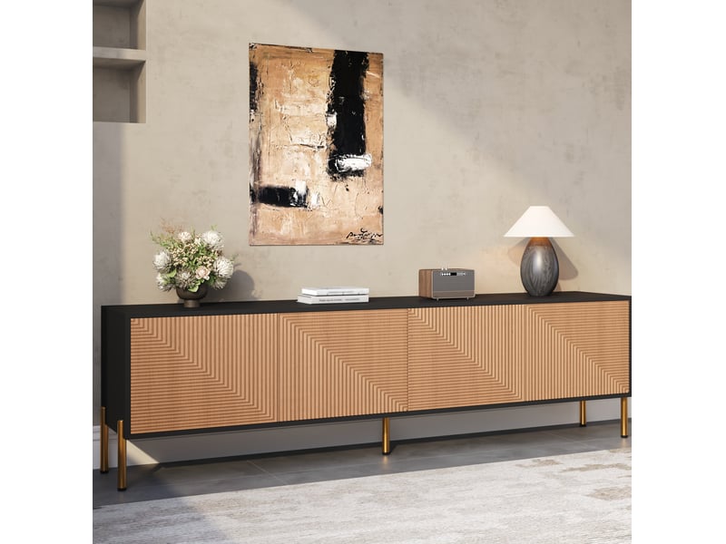  Meuble tv modenvie 179 x 35 x 53,5 cm à 4 portes en panneaux de particules noir et naturel  - Conforama D