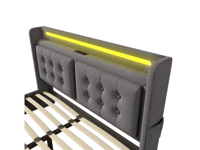  Lit coffre 140 × 200 cm 2 places avec led réglable, prises, usb et type-c, matelas inclus, en tissu gris  - Conforama E