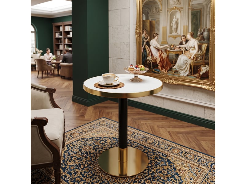  Table basse ronde avec plateau effet marbre et structure métallique, pour salon, chambre ou balcon, finition élégante et stable  - Conforama C
