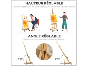 Chevalet d'artiste sur roulettes pliable en bois de hêtre pour toiles à jusqu'à peindre 118 cm bois naturel
