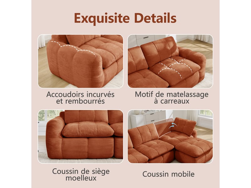 Canapé d'angle en u 3 places sans cadre, canapé modulaire, housse chenille douce, mousse 32d, sans montage, 2 poufs, orange  - Conforama D
