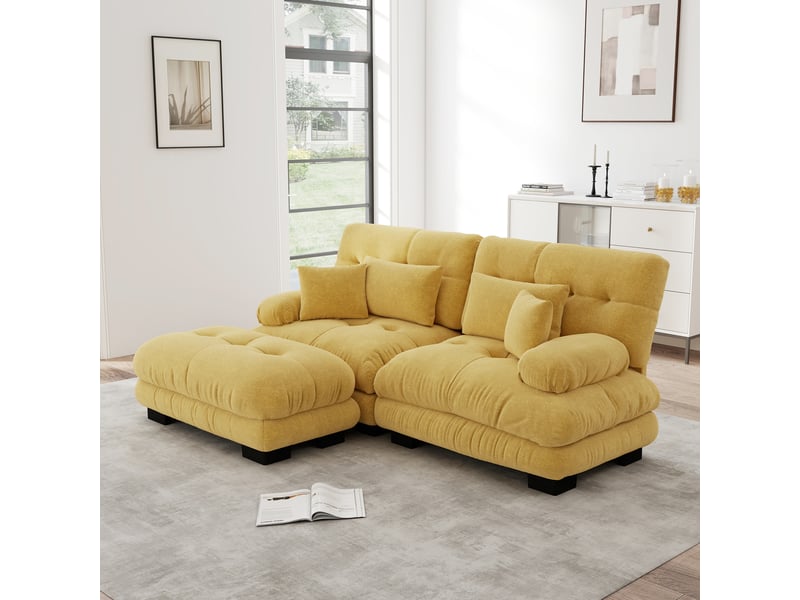 Canapé modulaire avec ottoman, assise profonde et coussins lombaires, configuration droite ou d’angle, en chenille jaune - Conforama D